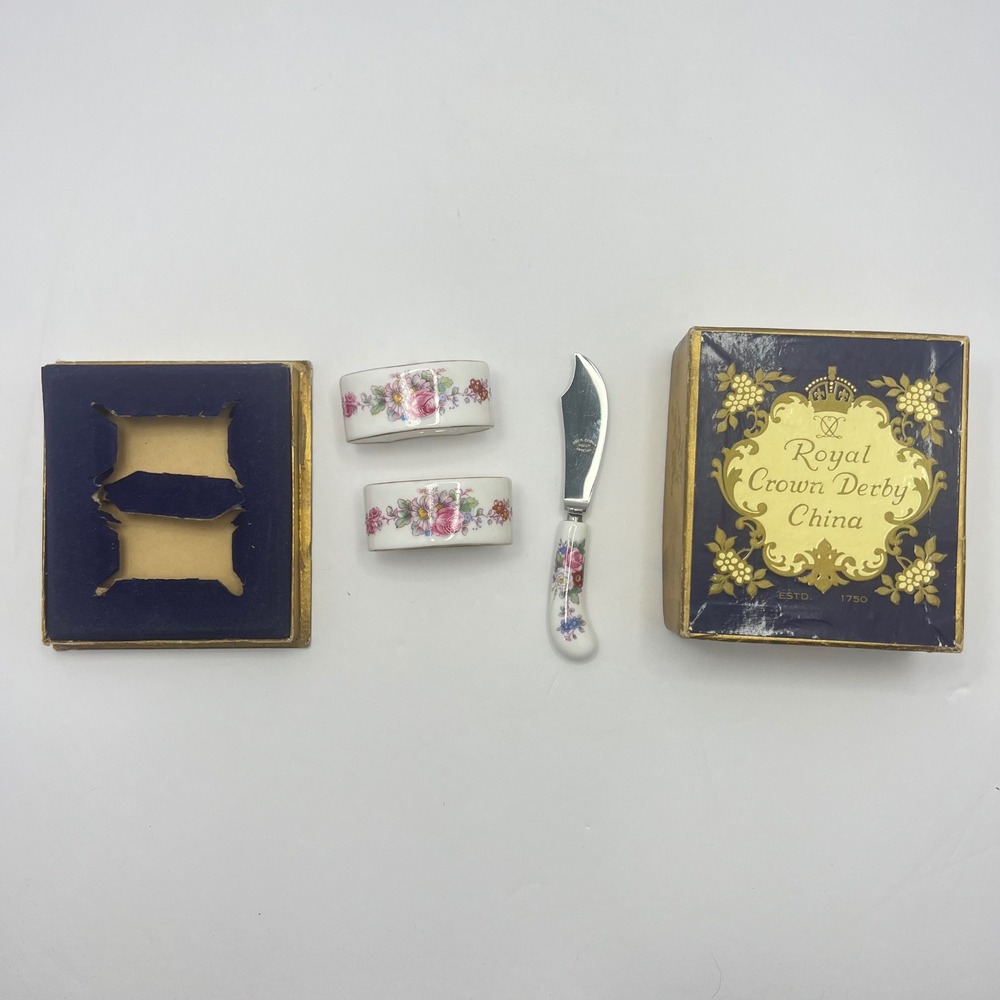 Royal Crown Derby Napkin Ring Spreader Set Cottage Posies Pink Rose Bone China
